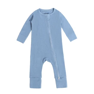 Custom Logo Autumn Newborn Bodysuit Zipper Long Sleeve Plain Crew Neck Winter Bamboo Waffle Baby Jumpsuit