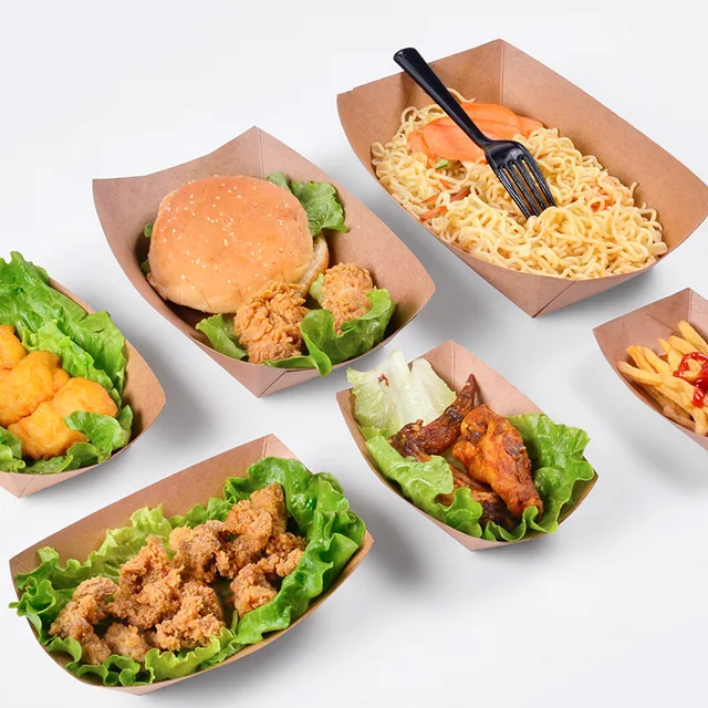 Custom Printed Disposable Kraft Paper to Go Take Away Packaging Paper Trays for French Fries Hot Dog Burger Paper Boat Tray
