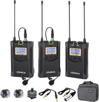 Wireless Lavalier Microphone, with Carrying Bag,Comica CVM-WM100 PLUS UHF 48 Channels Dual Lapel Microphone System for DSLR