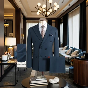 Men's Premium Casual Striped Suit Double-Row Blue Wide Dark Stripes Tailor-Made by Producer 2-Piece Set Double Breasted Closure