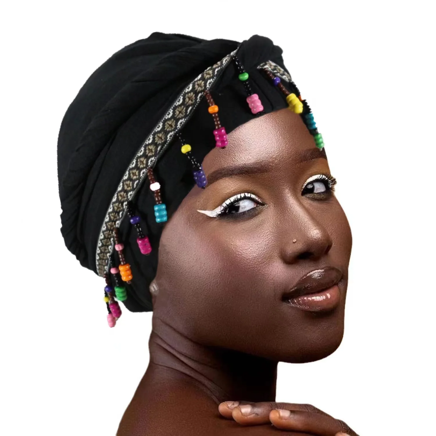 African Women Turban Cap Faux Pearl Head Wrap Beanie Twisting Braid Wrap Hat Beaded Headscarf For (Black-A, One Size - View #3