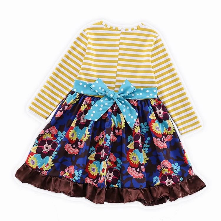 Плиссированные платья в полоску на весну и осень, платье с длинным рукавом и цветочным принтом для маленьких девочек