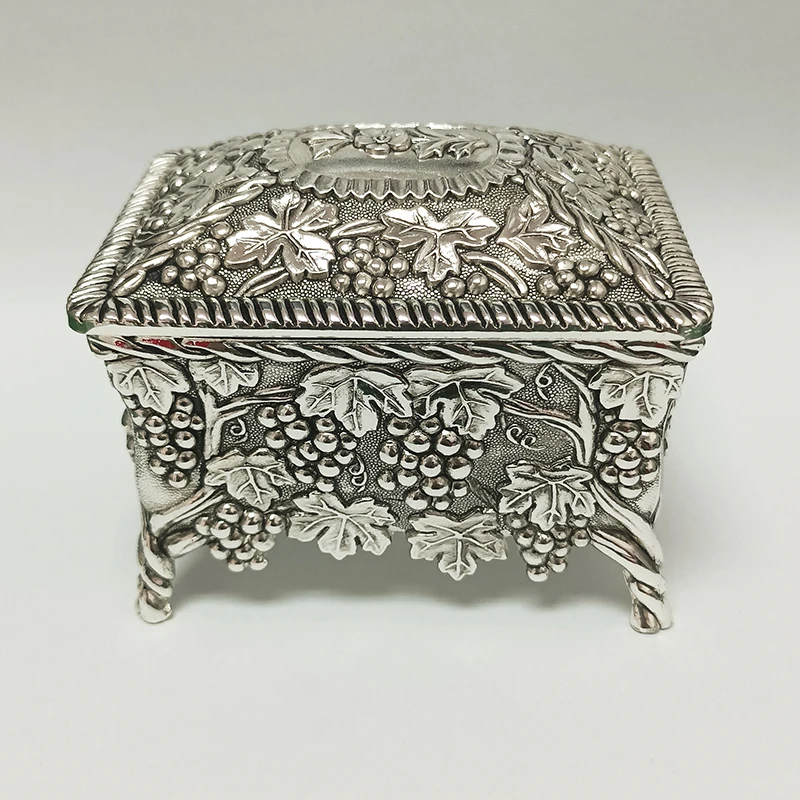 Metal Rectangle Grape Jewelry Box with Four Legs in Antique Finished