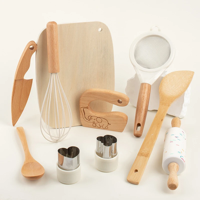 10 PCS Toddler Montessori Kitchen Tools Nature Wood Utensil Wooden Kids Safe Knife and Kids Baking Set for Real Cooking