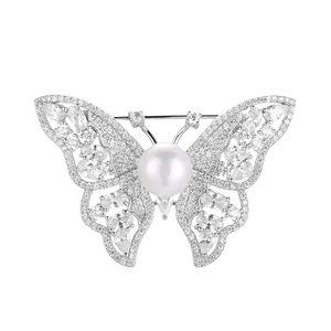 925 Sterling Silver Luxury Brooches Cz Freshwater Pearls Butterfly Designer Brooches