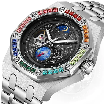 Waterproof watch, stainless steel strap, self-winding mechanical watch, rhinestone, super luminous sun, moon, stars, dial watch