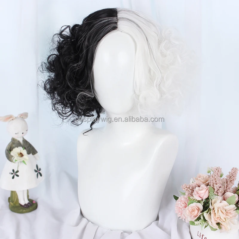 New Movie Cruella Half Black And White Wigs For Costume Cosplay Women Girls Short Curly Hair Cute Wig For Party Halloween Buy Cruella Half Black And White Wigs Cute Wig Halloween Synthetic Wigs