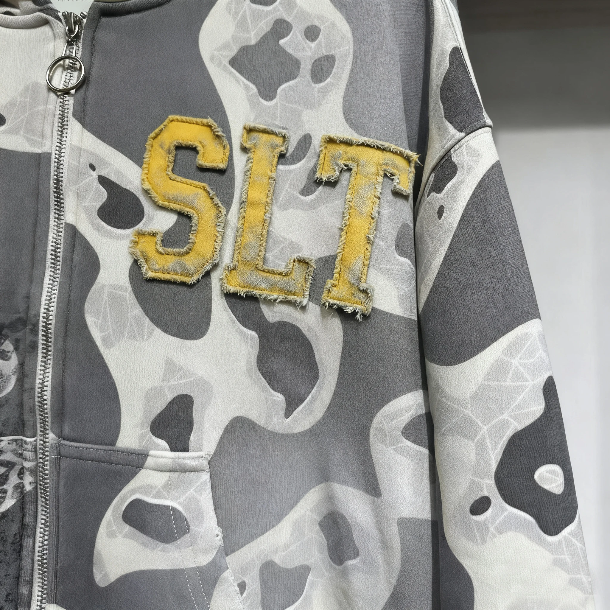 Custom Vintage Washed Allover Printed Heavy Weight Cotton Zip up Hoodies Men Custom Applique Embroidery logo Patched Camo Hoodie gallery 3