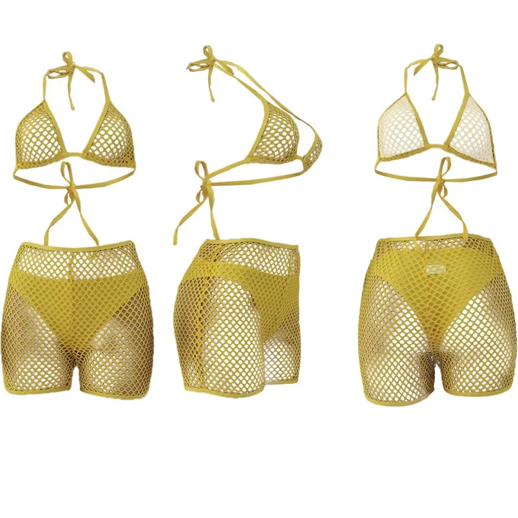 Sexy 3 Piece Bikinis Sets Women Halter Bandage Hollow Out Mesh Skirt