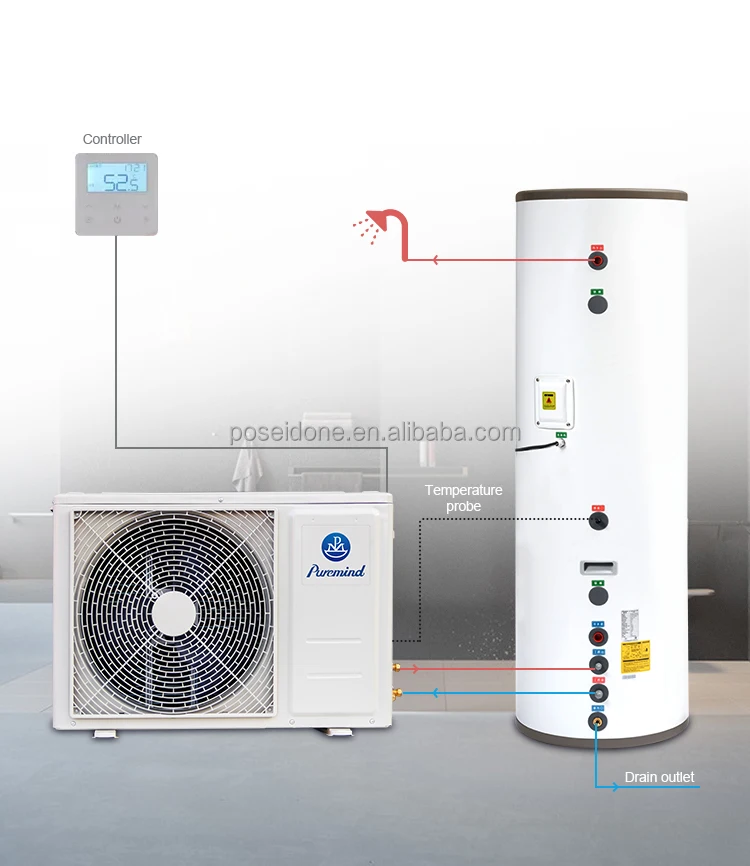 200l 300l Air To Water Heater With Water Tank Heat Pump R410a Split