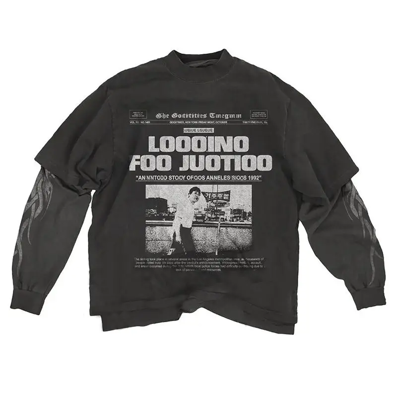 Custom Cotton Graphic Dtg Printing Double Layered Vintage T Shirt Double Layer Tee Acid Wased Long Sleeve T Shirt for Men