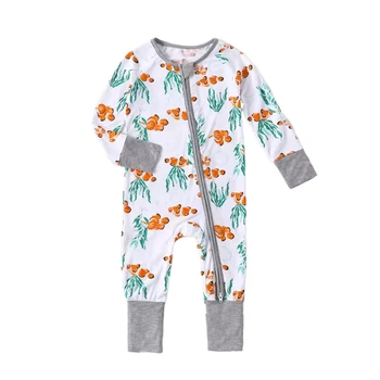 Super Soft Bamboo Fiber Cartoon Baby Romper Orange Goldfish Cute Long Sleeve Double-Head Zipper Infant Bodysuit