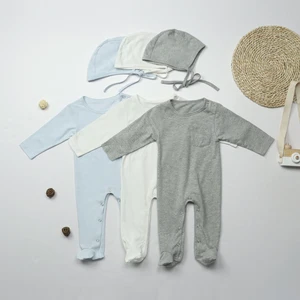 RTS Wholesale 100%Organic Cotton Baby Clothes Buttoned Romper Long Sleeves Jumpsuit With Hat