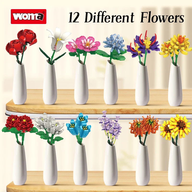 WOMA Factory ODM OEM 12 in 1 Bricks Flower Bouquet Kids Construction Block Flower Bricks Building Sets