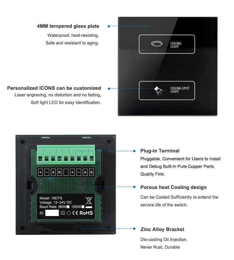 Modbus Led Light Smart Touch Wall Switch - RS485 Modbus for Hotel LED Lights