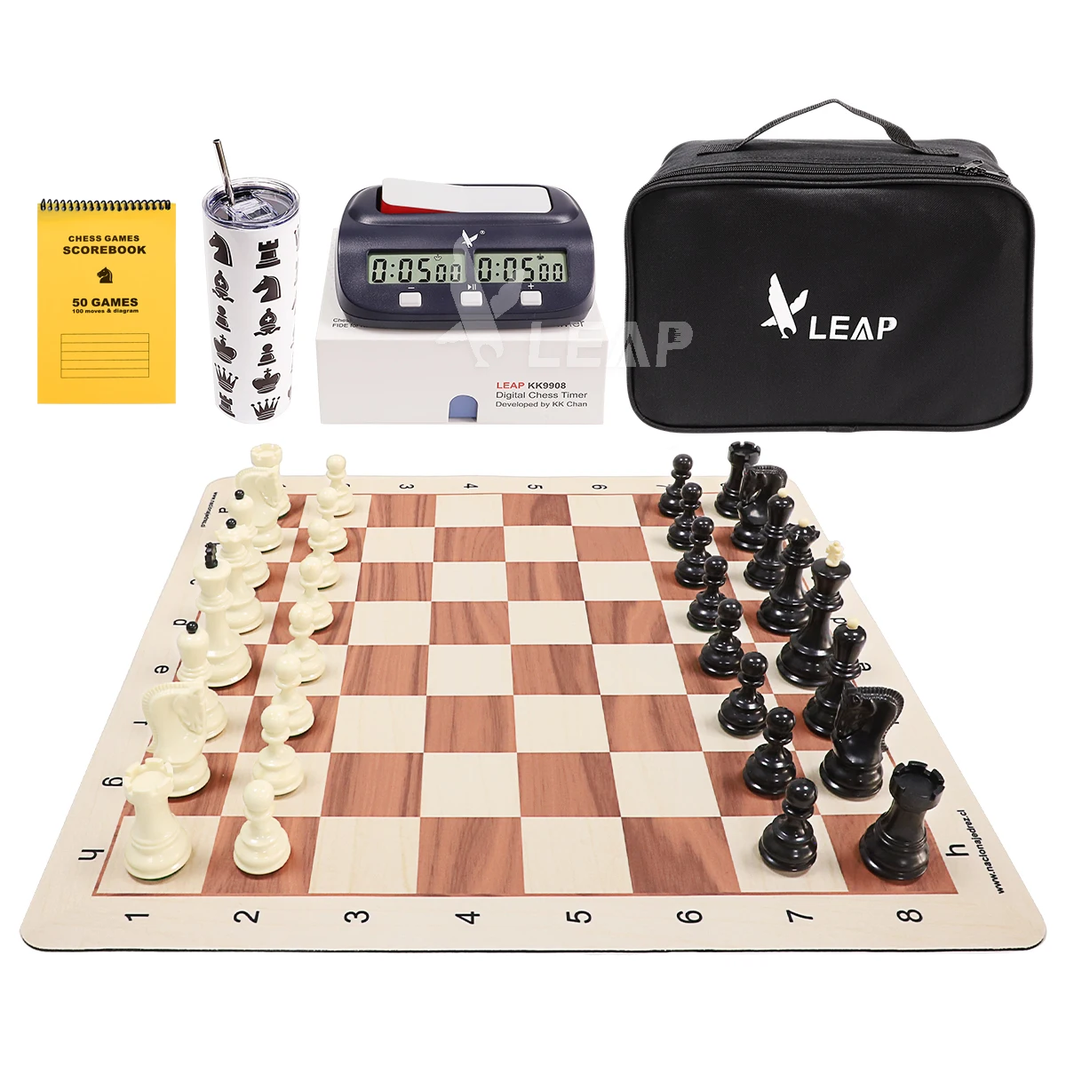 20-Inch Rubber Chessboard with FIDE Digital Clock 9.7cm ABS Triple Weighted Pieces A5 100 Scorebook-Complete Chess Combo Set