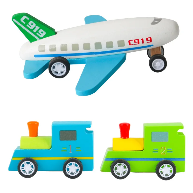 Custom Mini Cartoon Wooden Vehicle Airplane Car Educational Activity Toy for 3+ Year Old Kids Baby Gifts Set