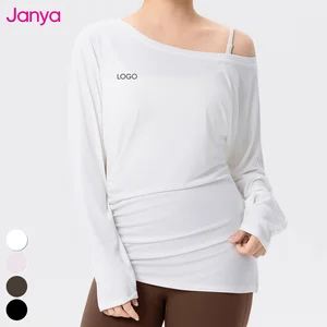 Janya Plus Size Fitness Clothing Loose Breathable Casual Sports Blouse Off-the-Shoulder Long Sleeve Yoga T-shirt Top for Women