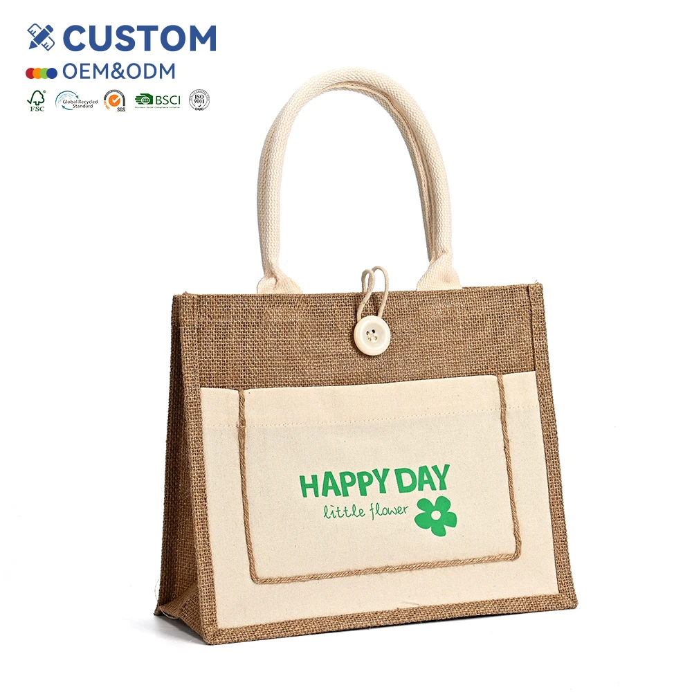 Customized Large Capacity Jute Beach Tote Bag with Rope Handle Outer Pocket Beach Travel Pouch Burlap Burlap Style
