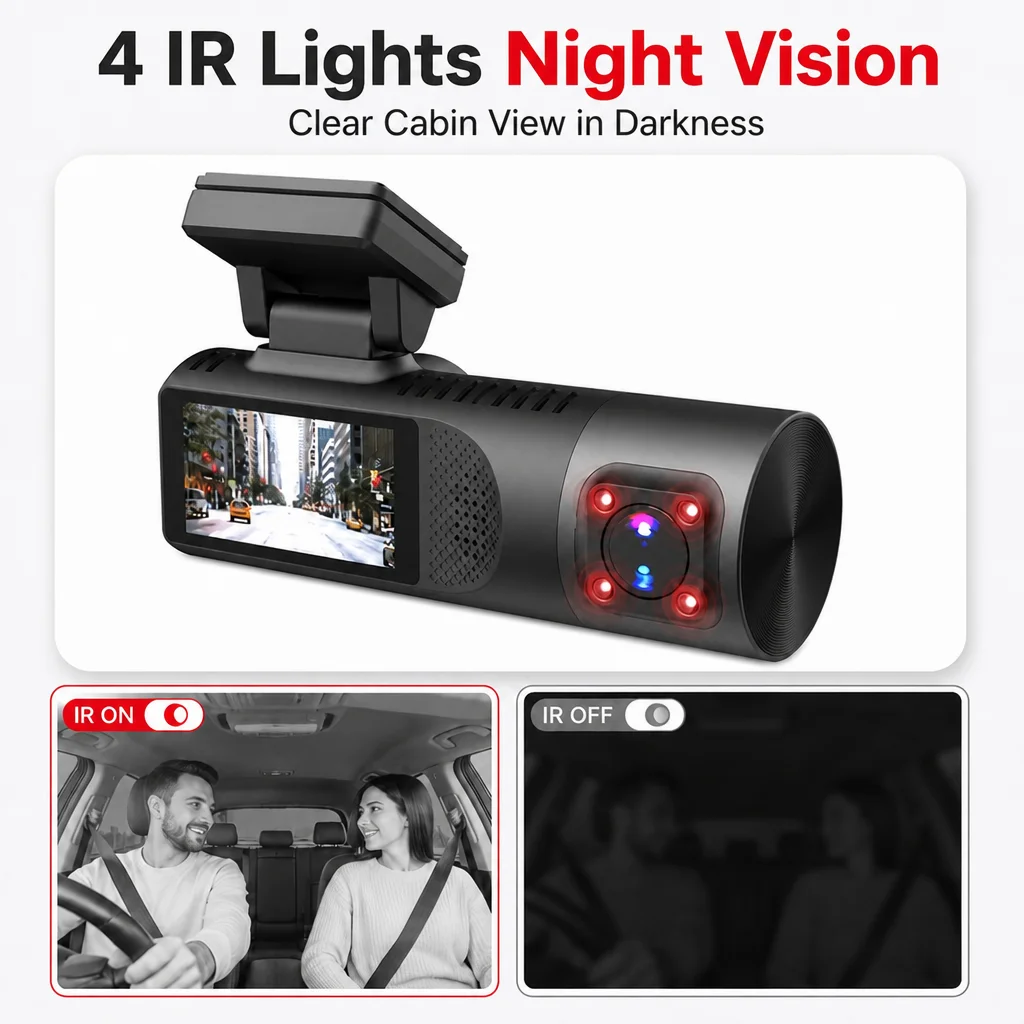 VIEVGUARB VS105E 3 Lens Black Box 1440P Dash Cam Front Inside Rear 3 Channel Car DVR with 1.97 Inch LCD Screen Night Vision
