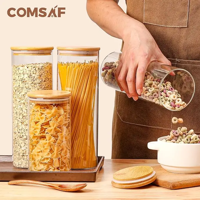 Glass Spaghetti Pasta Storage Container with Lids Set of 3 Tall Clear ...
