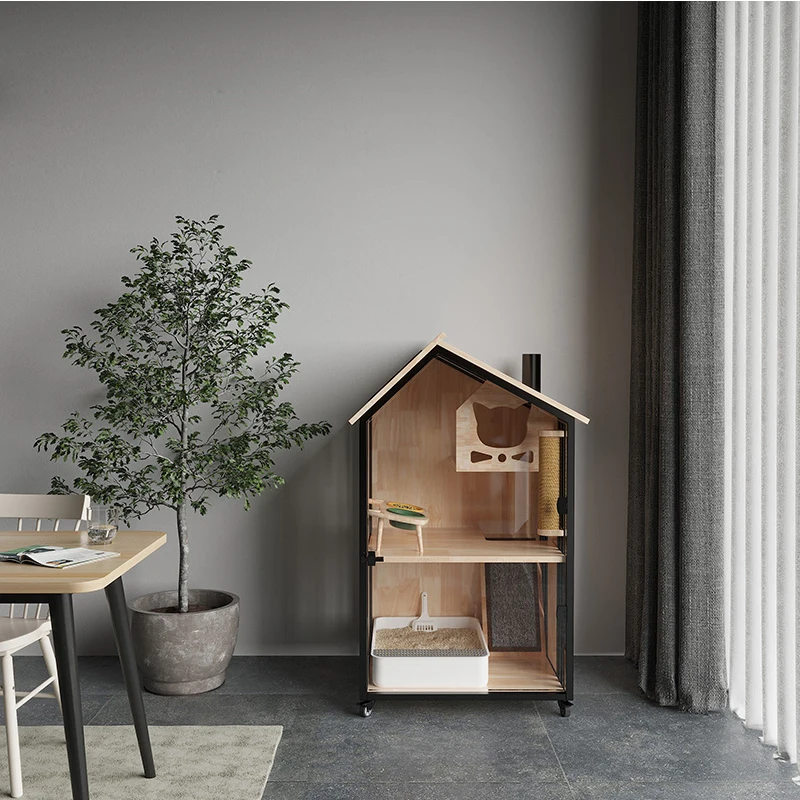 Panoramic Luxury Home Large Pet Indoor Japanese Style Cat House Cabinet Solid Wood Cat Villa Cage