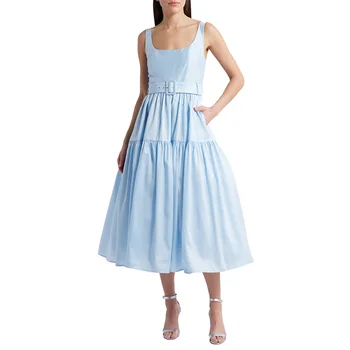Women's Square Neck Sleeveless Belted Tiered Midi Dress Light Blue Summer Fashion Elegant Flowy Party Evening Casual Dress
