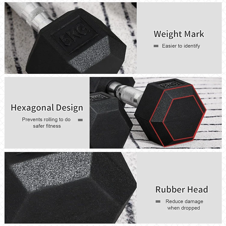 Factory Price Custom Logo Hex Dumbbells Rubber Encased Home Fitness Equipment Iron Steel Cast Body Function From 5 lb to 130 lb