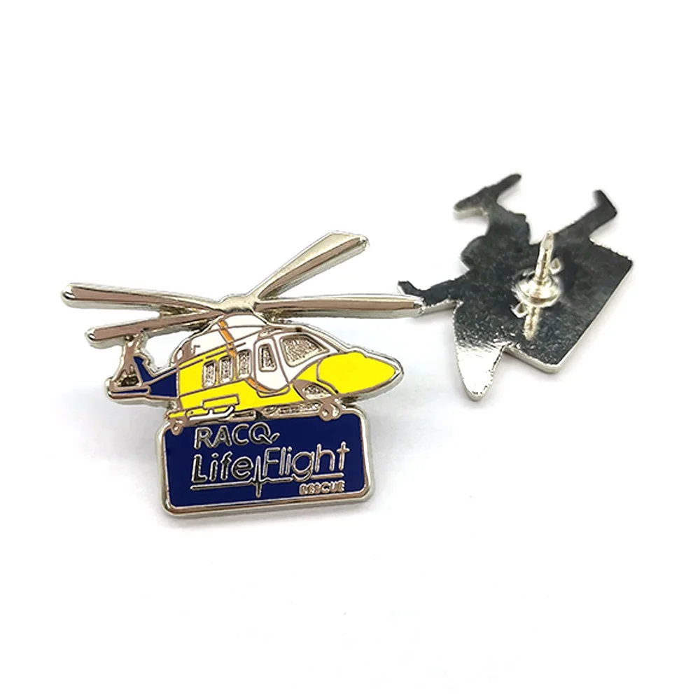 Custom Metal 3d logo Enamel Helicopter Airplane Lapel Pin Badge Gold Silver Plated Fancy Aircraft Pin with Engraving