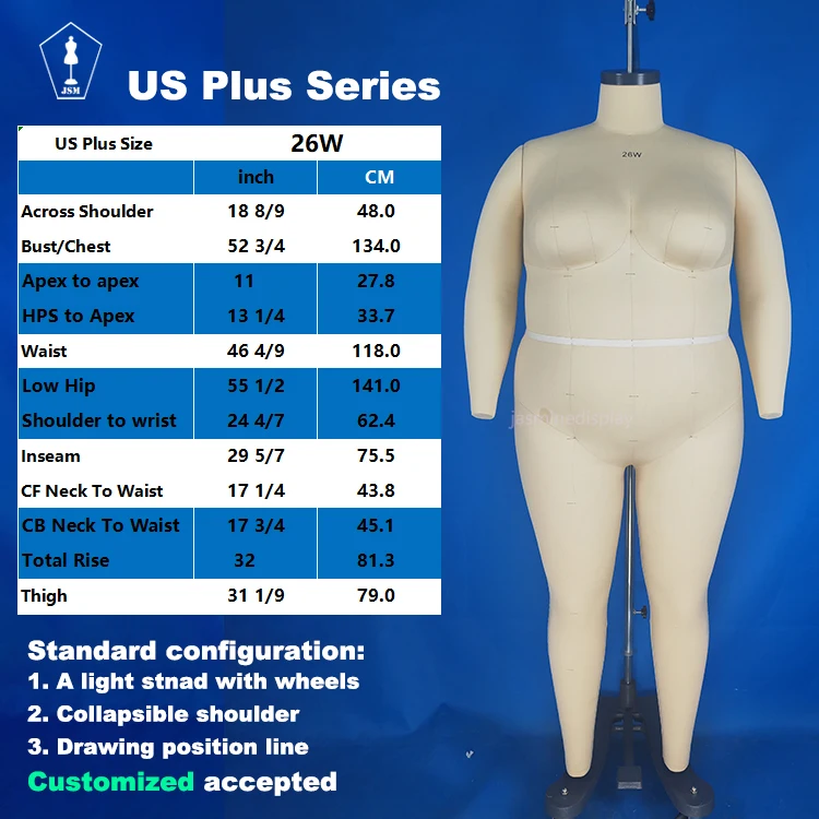 JASMINE Hanging Pole With Base Support Multifunction 18W-26W Fat Woman  Dress Form Plus Size Fitting Dummy Mannequin
