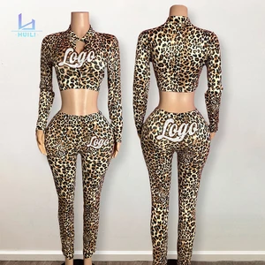 Huili Manufacturer Stretch 2 Piece Slim Fit Workout Gym Activewear Custom logo Women Loungewear Leopard Print Two Piece Set
