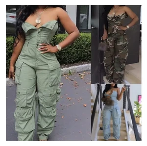JY Fashion Streetwear Strapless Sleeveless Pocket Cargo Jumpsuits One Piece Romper Denim Jeans Sexy Plus Size Jumpsuit Women