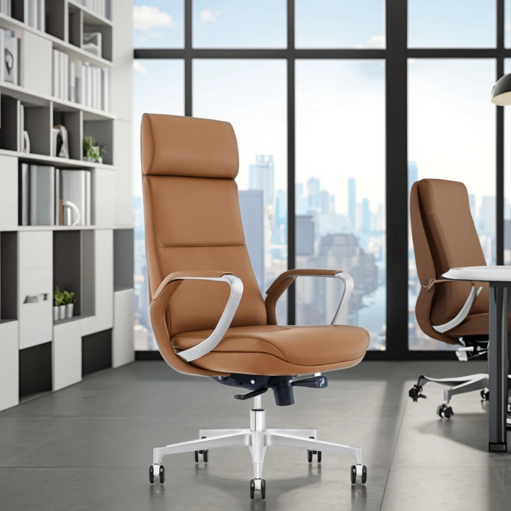Premium Leather Executive Chair Frosted Aluminum Base Telescopic Gas Lift Corporate Gift 5