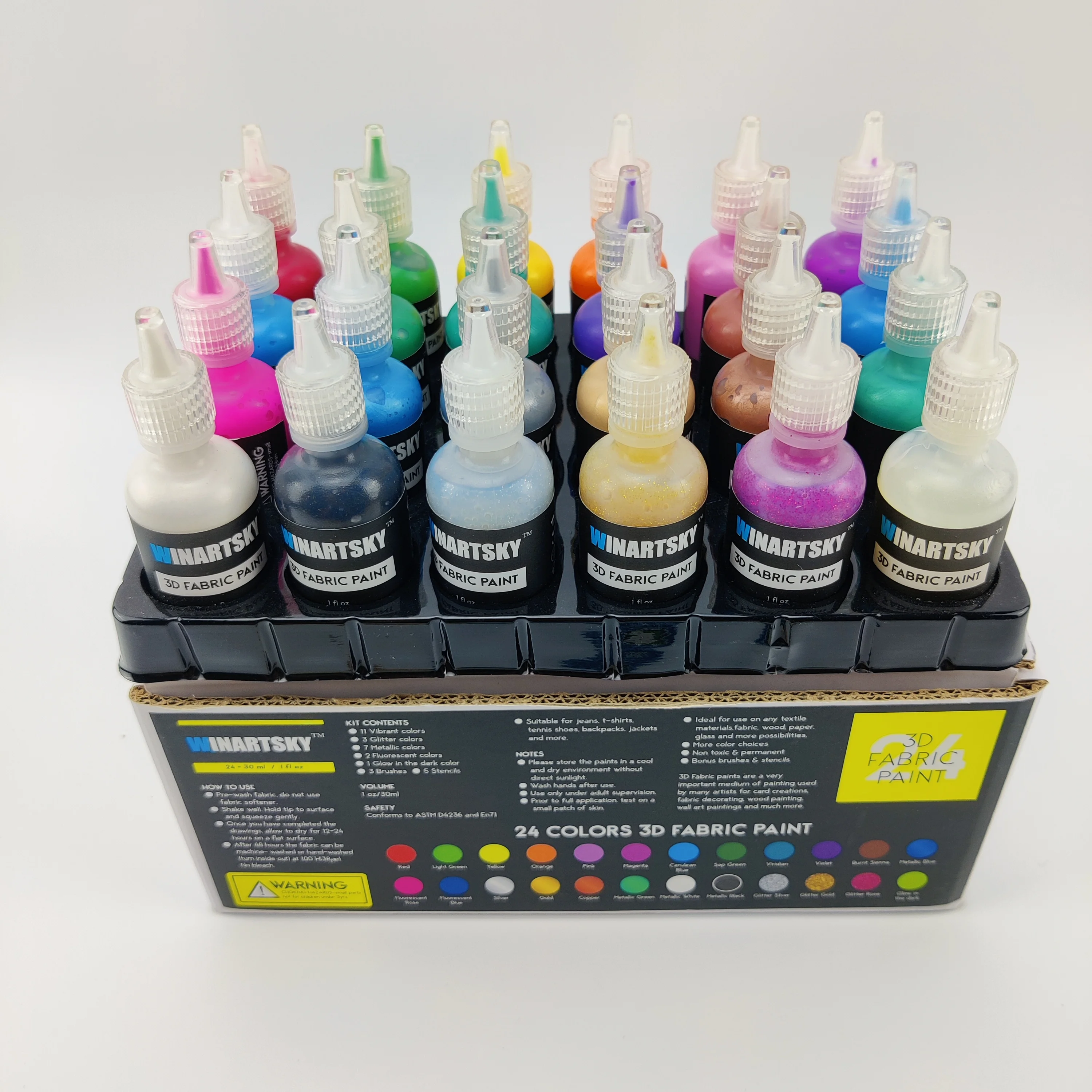 Permanent 3D Fabric Paint Set with 24 Colors (30ml), 5 Brushes