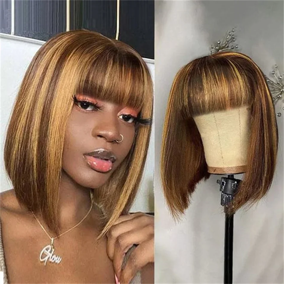 180 Density Full Machine Wigs Highlight Brown Colored Bone Straight Human Hair Bob Wigs 4 27 Human Hair With Bangs For Women_voghion.com