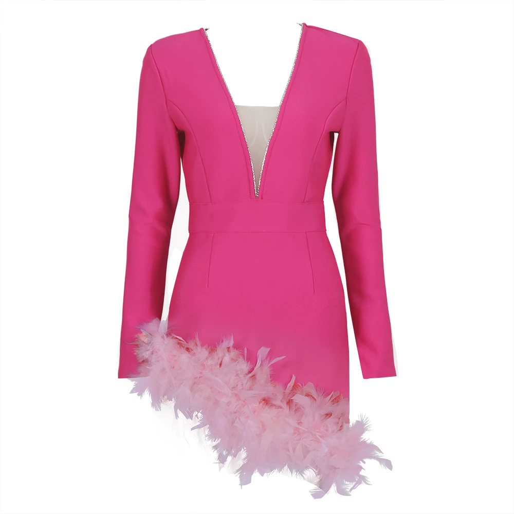 Hot Pink Plunge Neck Long Sleeve Feather Trim Bodycon Mini Bandage Dress  Women's Prom Club Party Wear