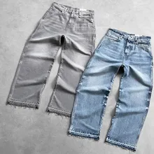 Distressing Hem Stone Sand Washed Wide Leg Jeans Stacked Skateboard Style Customized Carpenter Patch Baggy Jeans Men