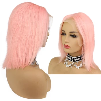 soft hair bob haircut lace frontal human hair wigs pink single color red orange pink purple cut bob wigs for women