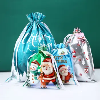 Santa Claus Printing Plastic Candy Drawstring Pouch Children's Christmas Gifts Bags for Party