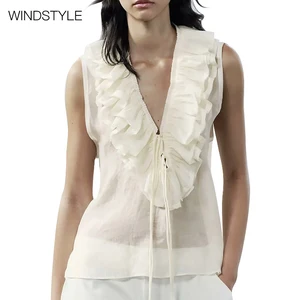 ODM/OEM Women's Fashion Design Pleated V-Neck Ruffled Sleeveless White Chiffon Top Summer Woven Breathable and Sweet Style