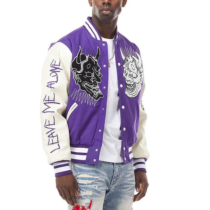 Letter Patched Crop Varsity Jacket, L Purple Fabric Casual 18-24Y Crop Colorblock,Letter Varsity Patched Regular Fit Baseball Collar Regular Sleeve