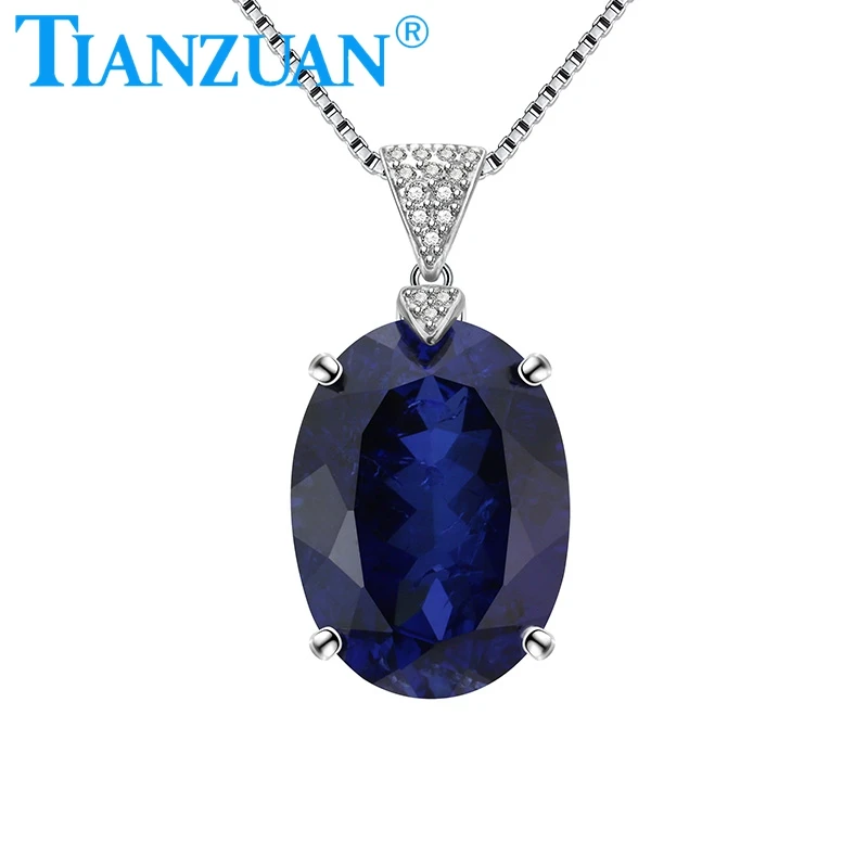 Synthetic Corundum Blue Sapphire with inclusions 14x19mm Oval Shape Natural Cut 925 Silver pendent Necklace