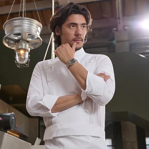 Tesimei Men's High-End Elegant Canvas Fabric Kitchen Tops Long Sleeve Executive Chef Work Clothes for Restaurants Bar Uniforms