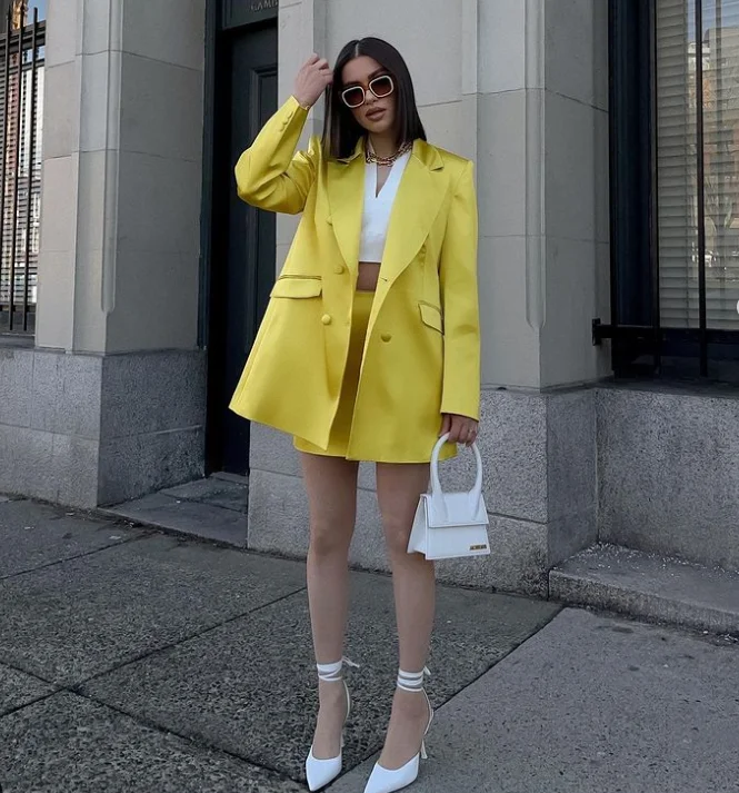 yellow blazer and skirt