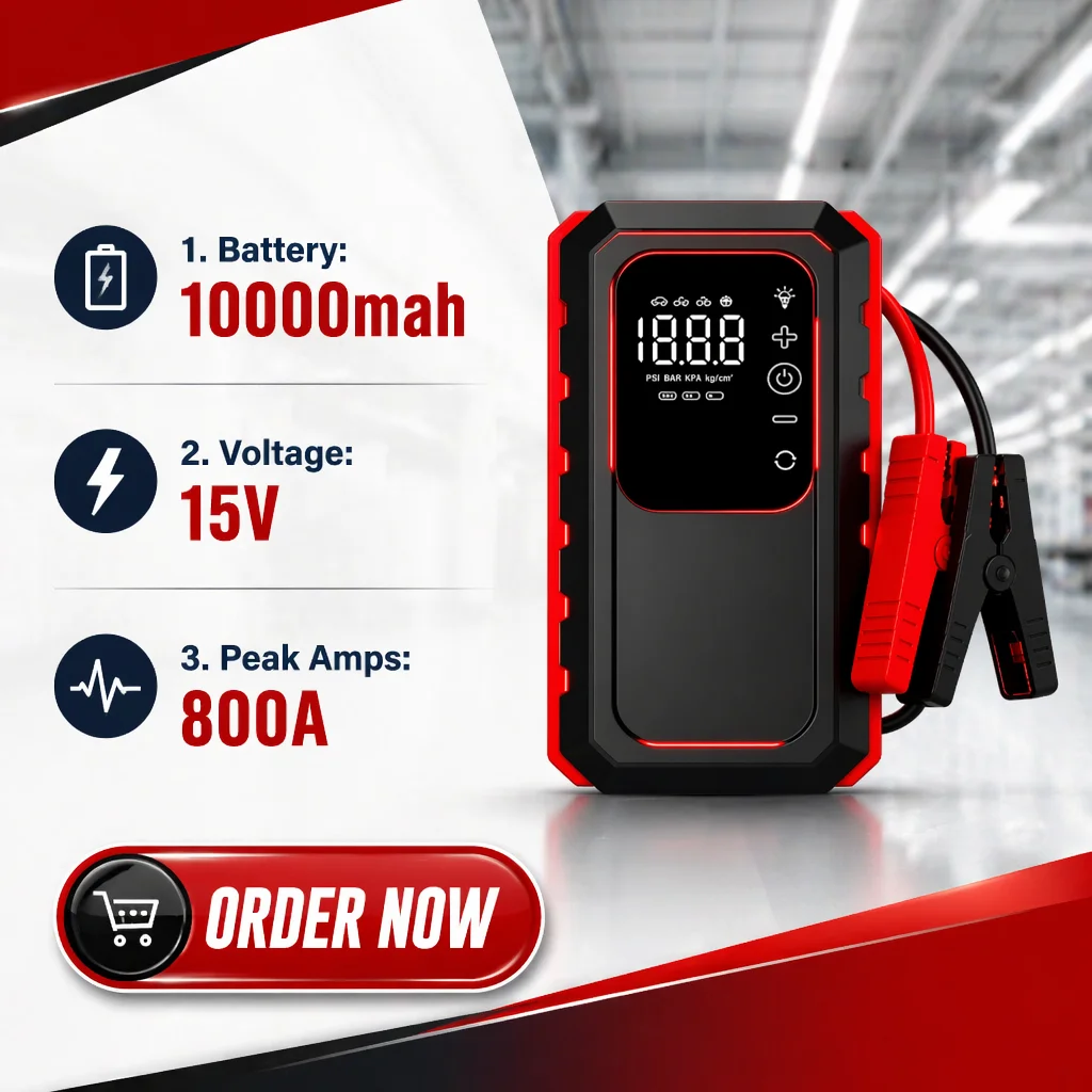 Kit de chargeur de batterie portable et rechargeable pour voiture, camion ou autre véhicule – dispositif d’urgence pour démarrage assisté (jump starter)