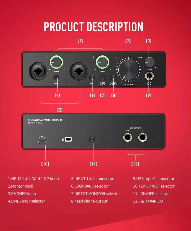 AMACEX X2 Professional Usb Audio Interface Studio Recording Singing Sound Card