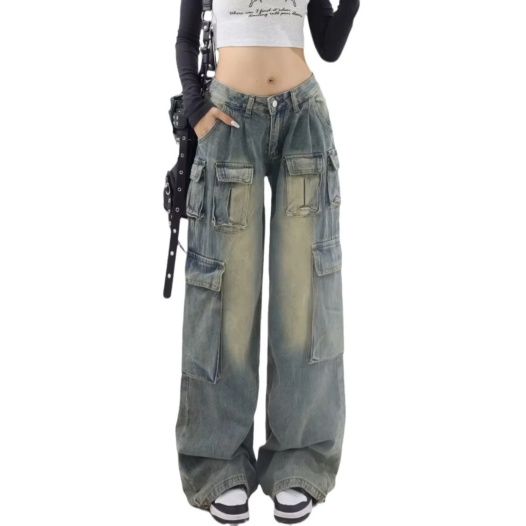 ODM Supply High-Waist Multi-Pocket Cargo Pants Vintage Bleached Jean Denim Trousers Light Washed Woven Summer Pants for Women