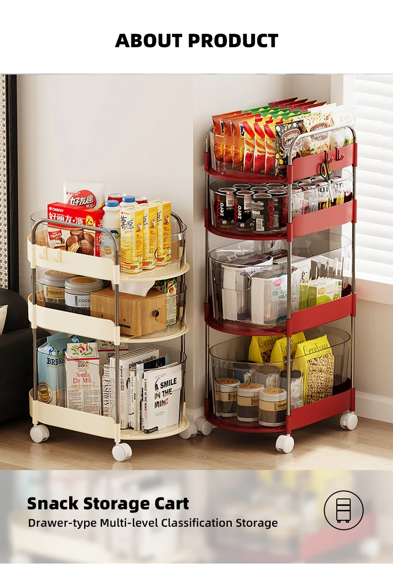 product wanuo snack storage trolley multi tier rolling organizer kitchen organizer cart corner storage cart with transparent baskets-2