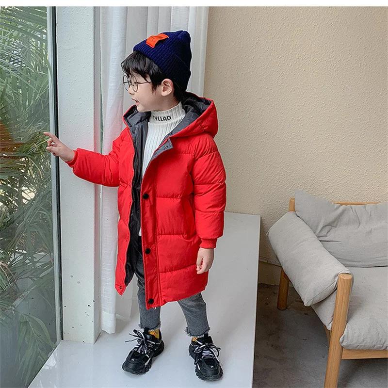 Детская стеганая парка с капюшоном, однотонная теплая Длинная зимняя куртка для мальчиков и девочек, 2022