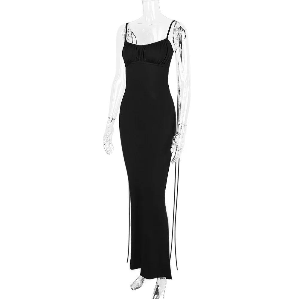 Spaghetti Strap Sexy Backless Maxi Dress Outfits Women Elegant Vestido Summer Club Party Ruched